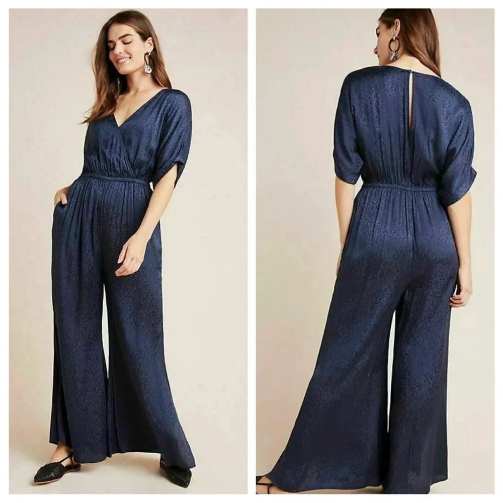Anthropologie MAEVE Jacqueline Jacquard Jumpsuit in Navy SIZE MEDIUM - Picture 2 of 15